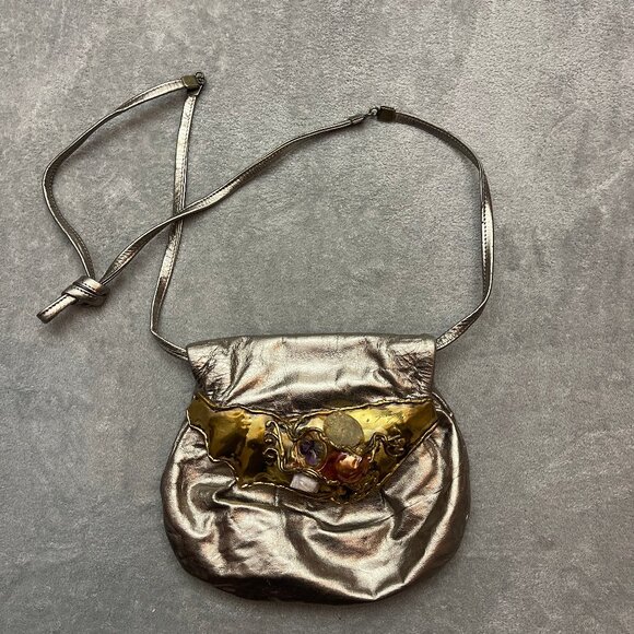 Vintage 80’s Fancy Nancy Metal Copper Leather Unique Metal Gemstone Detail Purse - Picture 1 of 14